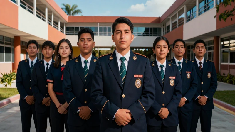 Estudiantes mexicanos orgullosos en campus moderno y vibrante