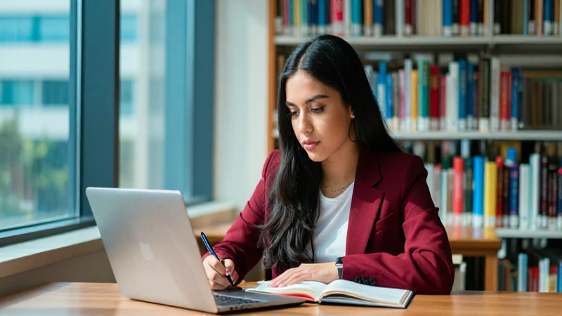 Joven mexicana estudia en biblioteca moderna con luz cinematográfica