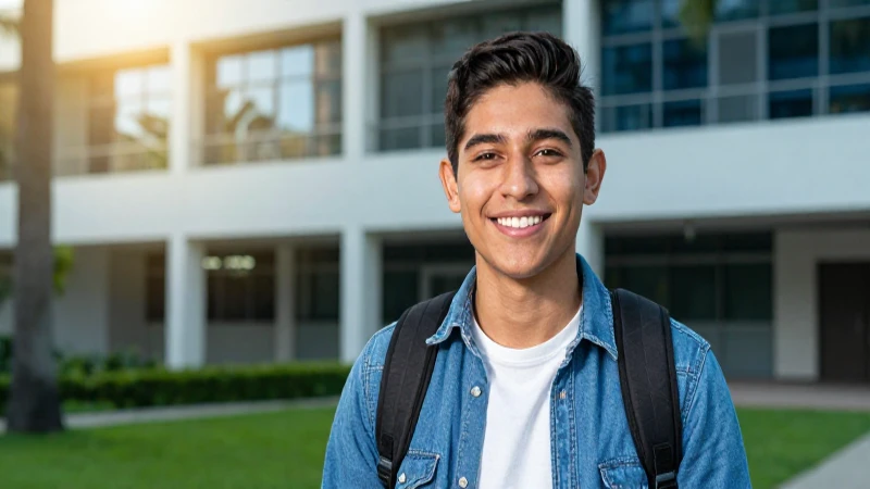 Estudiante sonriente en campus universitario moderno