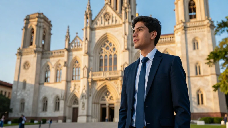Joven estudiante mexicano contempla majestuosa universidad gótica