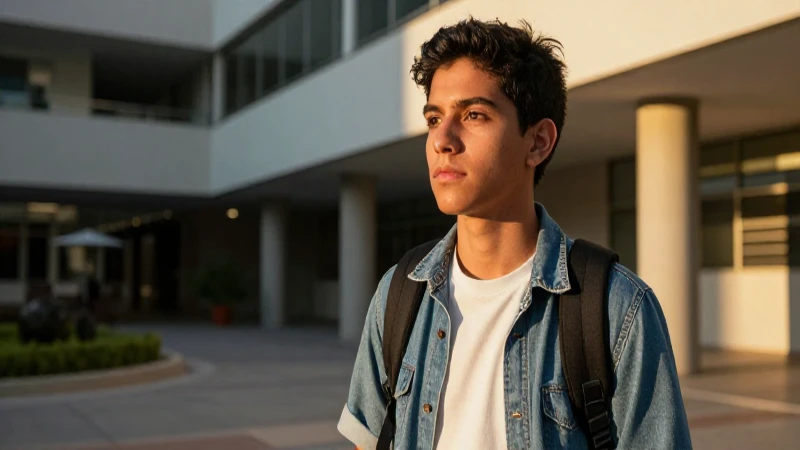 Estudiante mexicano bajo luz dorada universitaria