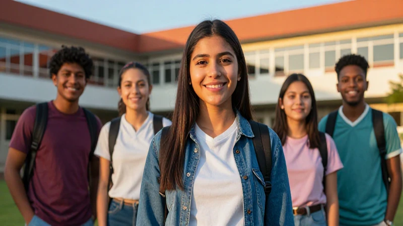 Estudiante mexicano sonríe en un campus modernista al atardecer