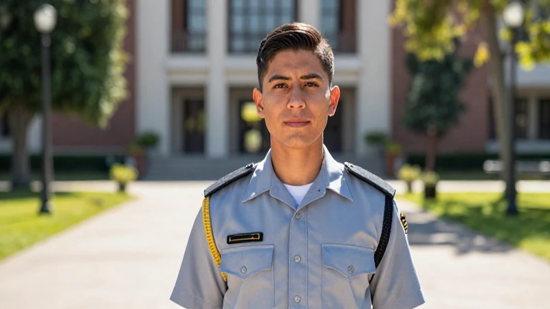 Cadete mexicano enfocado en un campus soleado