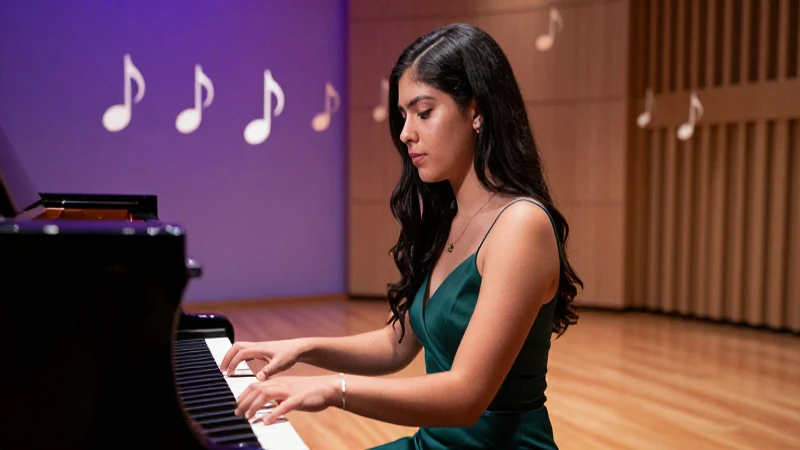 Joven talentosa música toca piano apasionadamente en un estudio