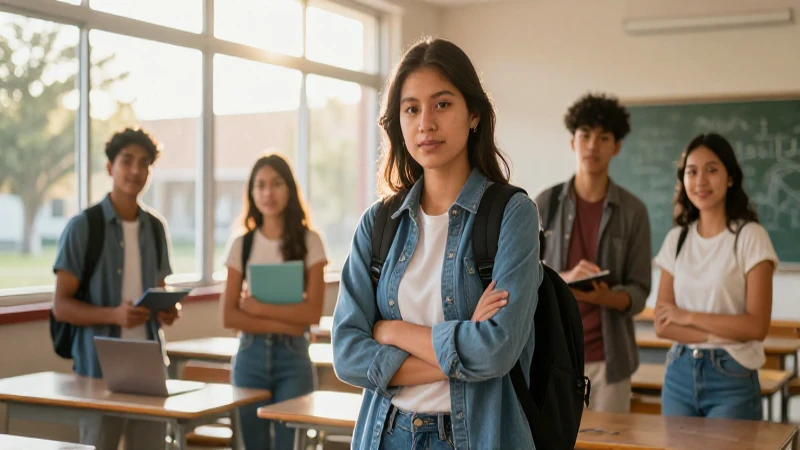 Estudiante mexicano en campus moderno y luminoso