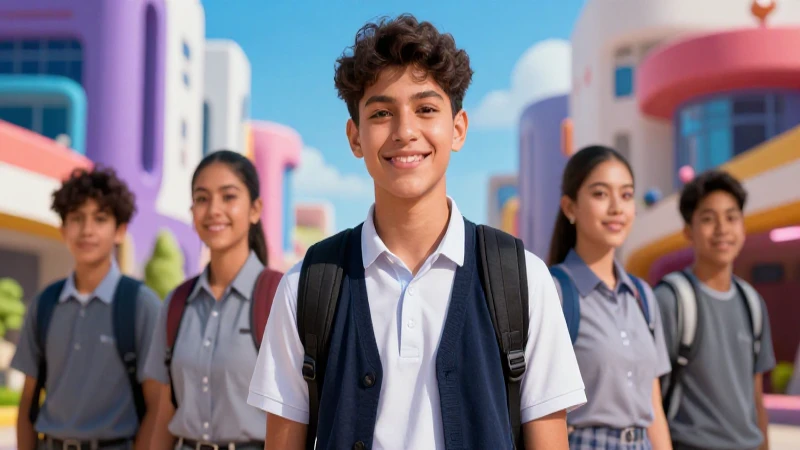 Estudiante mexicano sonriente en campus futurista