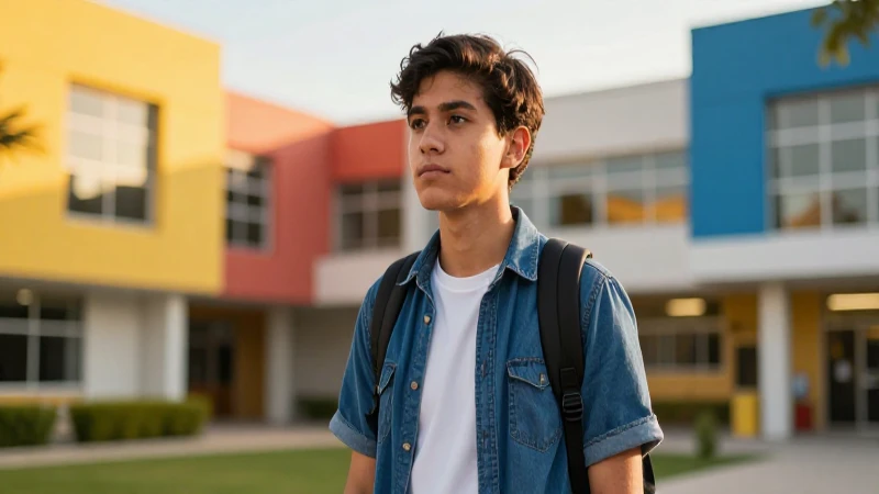 Estudiante mexicano brillante en campus moderno