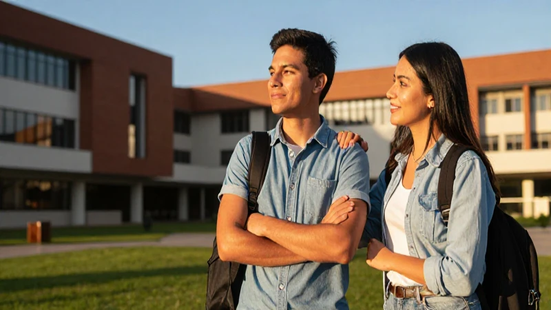 Estudiante y familia en campus universitario vibrante