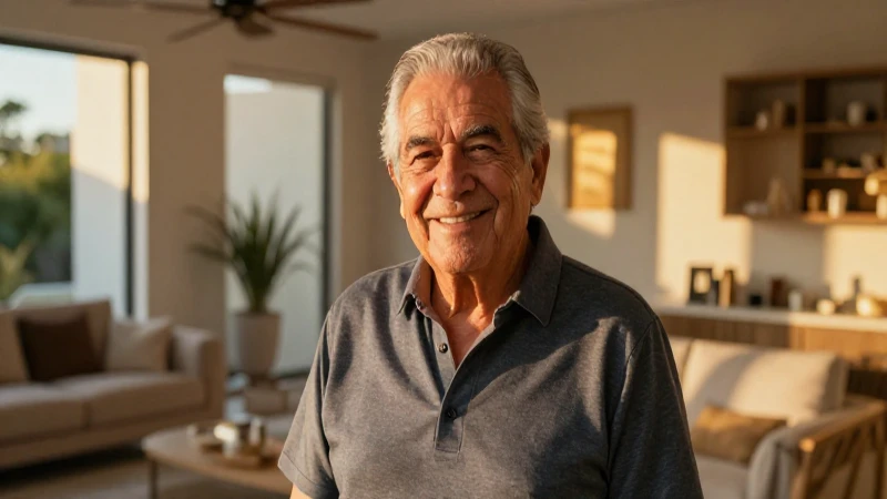 Hombre mayor mexicano en casa iluminada