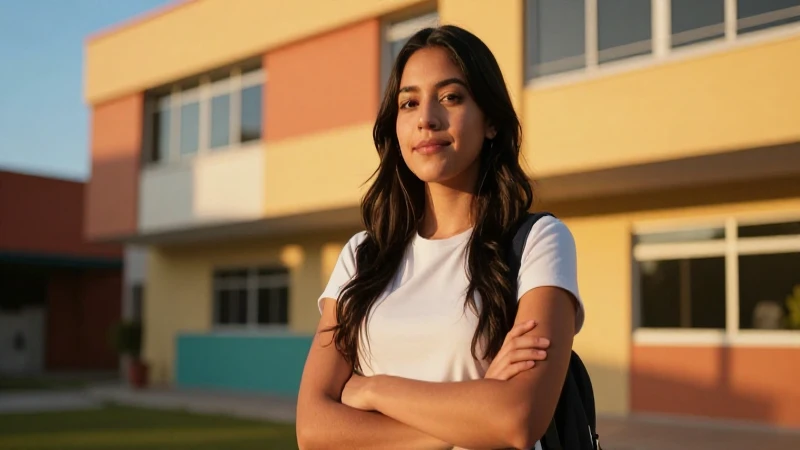 Joven mexicana segura en un aula moderna con luz dorada