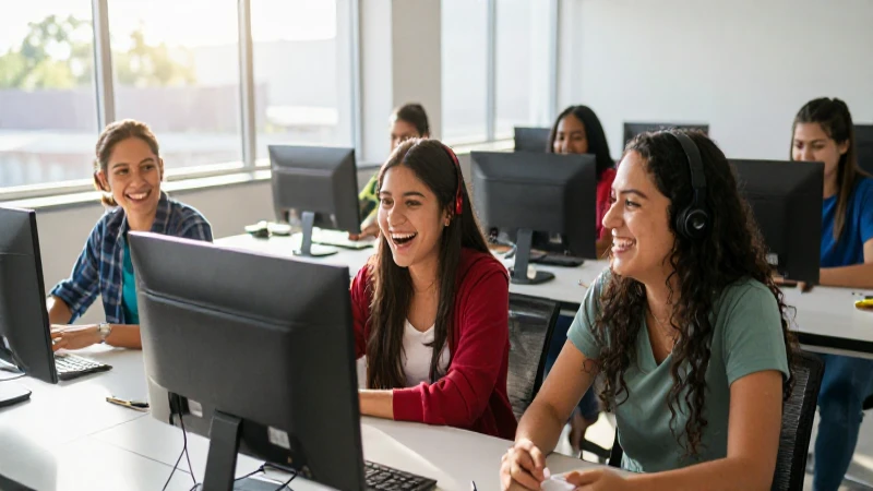Estudiantes mexicanos riendo en aula tecnológica moderna