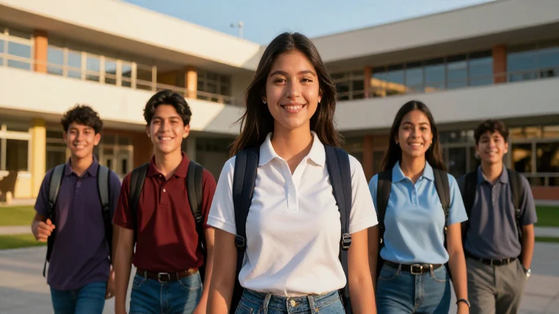 Estudiantes mexicanos sonríen en campus modernos al atardecer