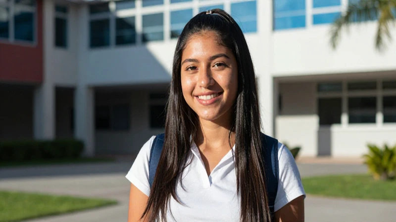 Estudiante mexicana sonríe en moderno campus iluminado