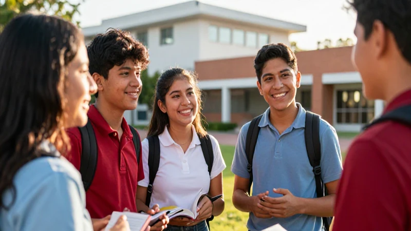 Estudiantes mexicanos felices y colaboradores en un campus moderno
