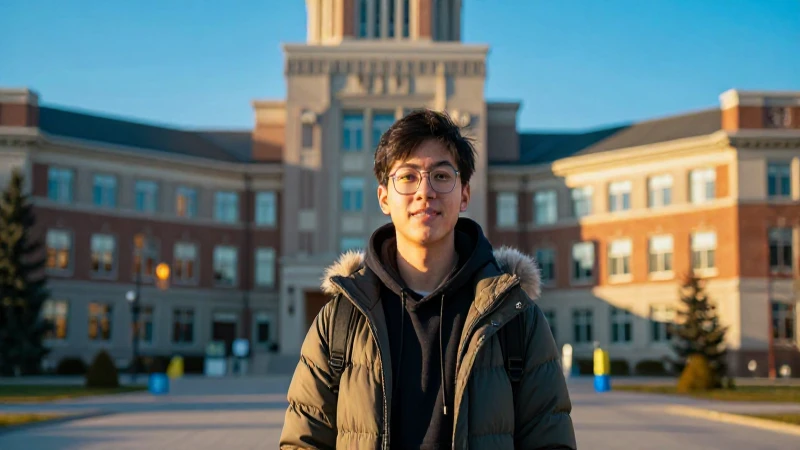 Estudiante optimista en campus invernal