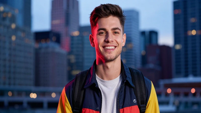 Joven viajero sonriente en estilo urbano con enfoque