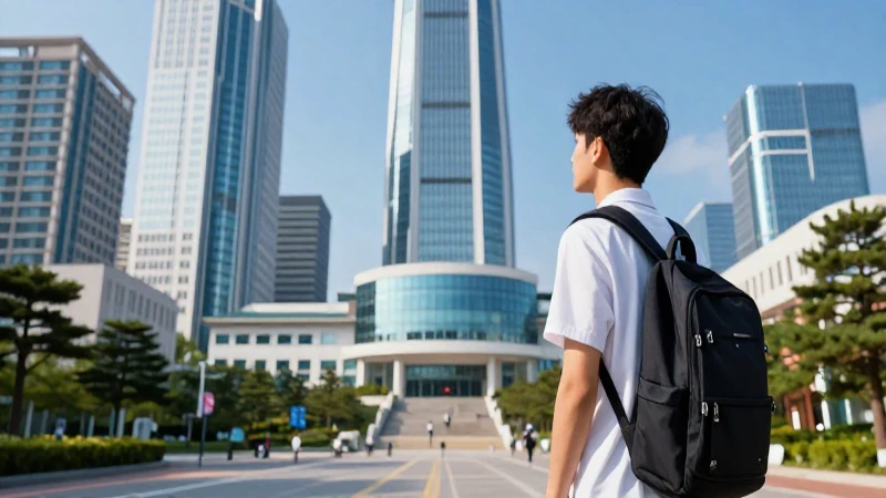Joven estudiante mira futurista Corea urbana