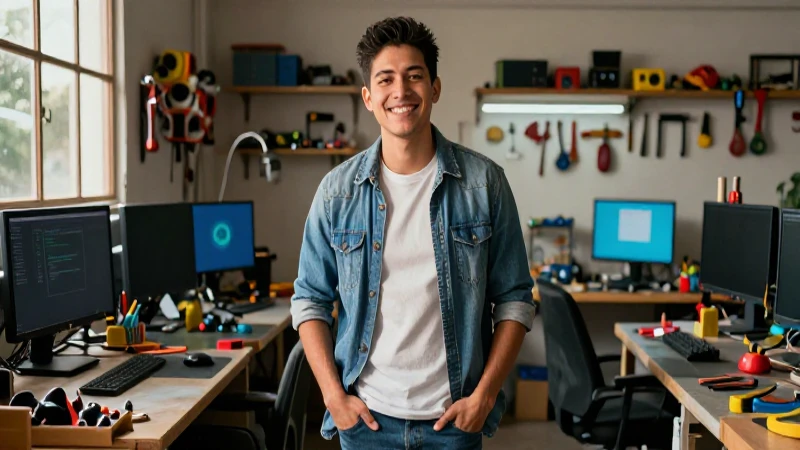 Joven mexicano sonríendo en taller moderno con herramientas