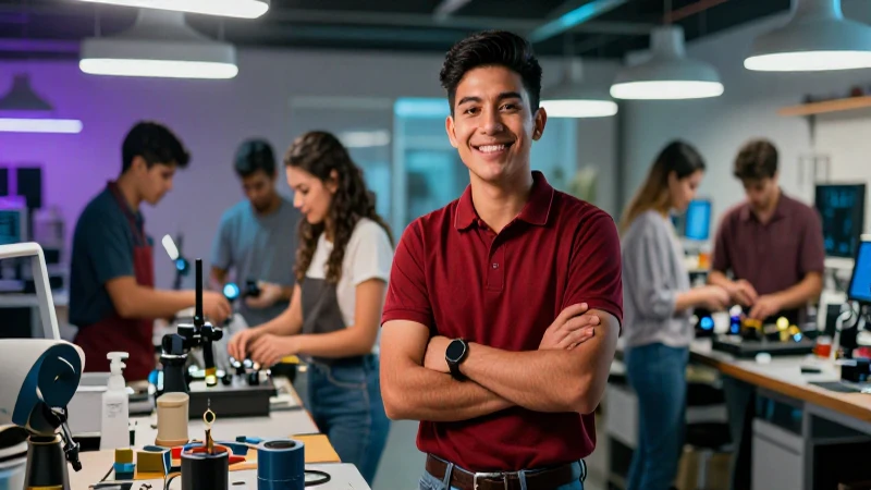 Jóvenes mexicanos colaborando en taller moderno