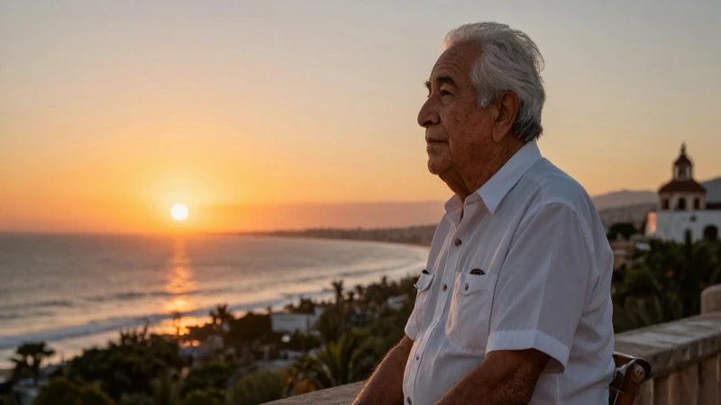 Anciano mexicano contemplando atardecer costero