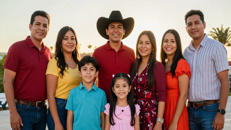 Familia mexicana moderna con vibrante luz dorada