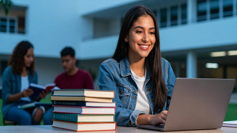 Estudiante sonriente con libros y laptop en campus moderno