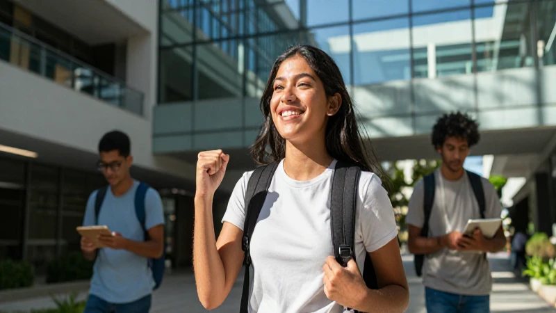Estudiante sonriente en universidad moderna y exitosa
