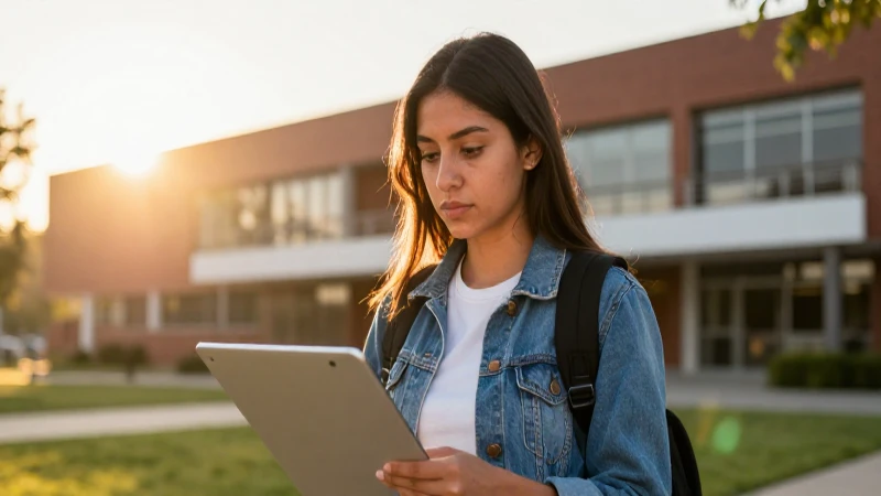 Estudiante mexicano concentrado, campus moderno, luz épica