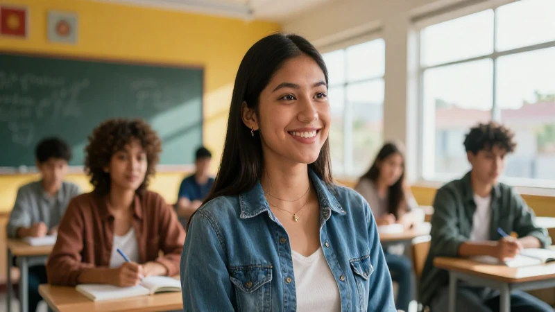 Estudiante sonriente en un aula vibrante