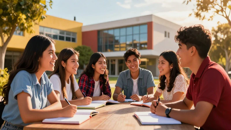 Estudiantes mexicanos en campus bajo luz dorada