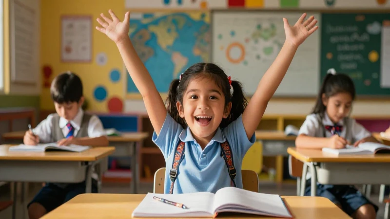 Niño mexicano alegre en aula moderna