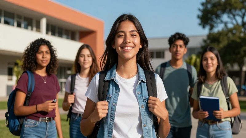 Estudiante mexicano vibrante en campus moderno y soleado