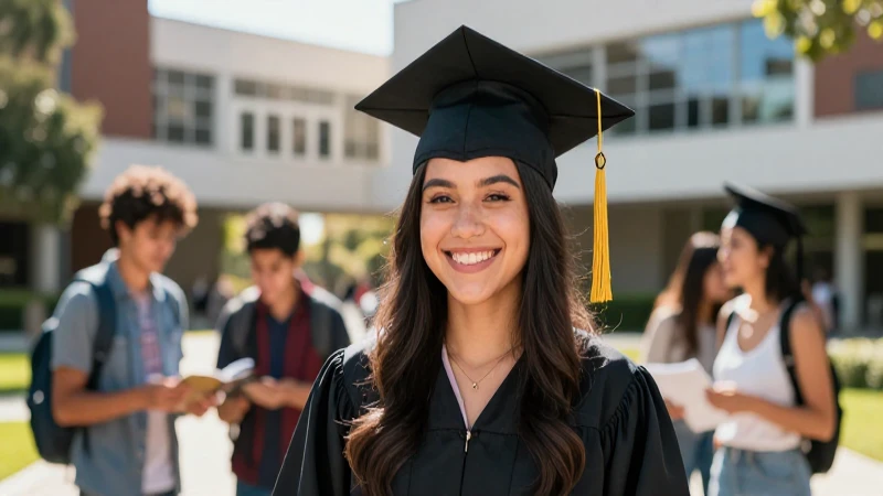 Estudiante sonriente en campus moderno bajo luz solar