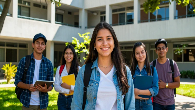 Estudiante sonriente en campus moderno con luz vibrante