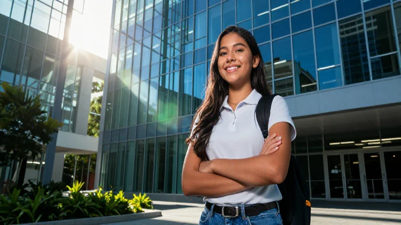 Estudiante mexicano en campus moderno y dramático