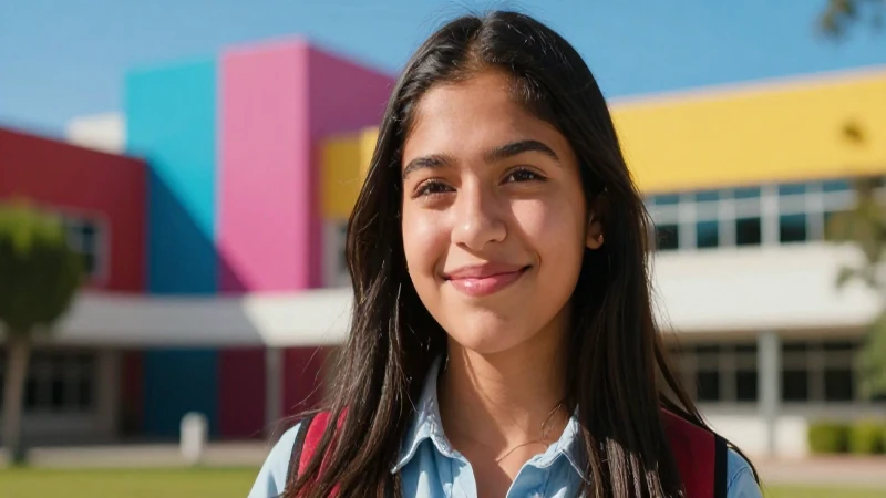 Joven universitaria mexicana exitosa en campus vibrante