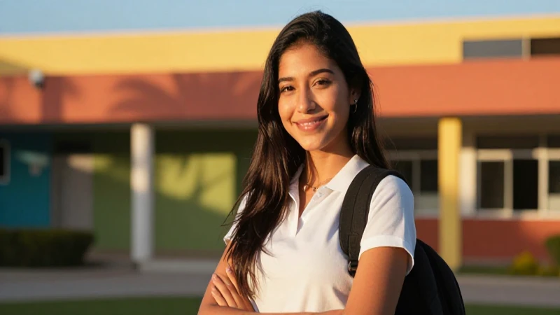 Estudiante mexicana sonriendo, estilo cinematográfico profesional