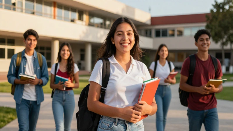 Estudiantes felices en campus universitario al atardecer