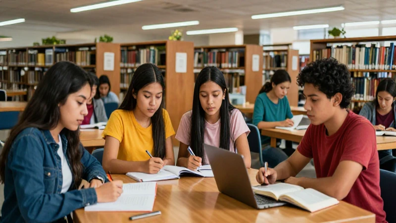 Estudiantes mexicanos en biblioteca moderna aspiracional