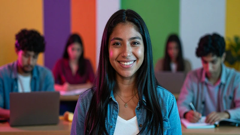 Sonrisa mexicana en campus moderno y vibrante