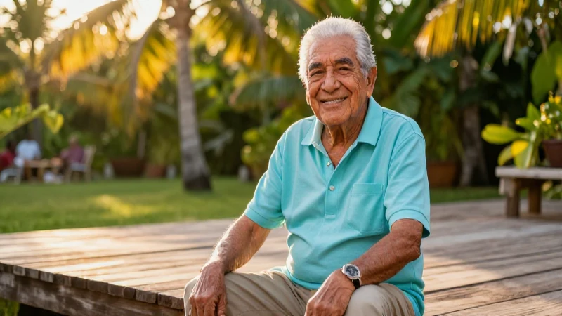 Hombre mexicano sonriendo en jardín tropical