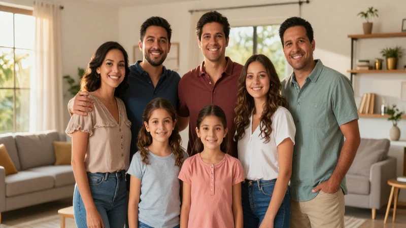 Familia mexicana sonriente en un moderno salón