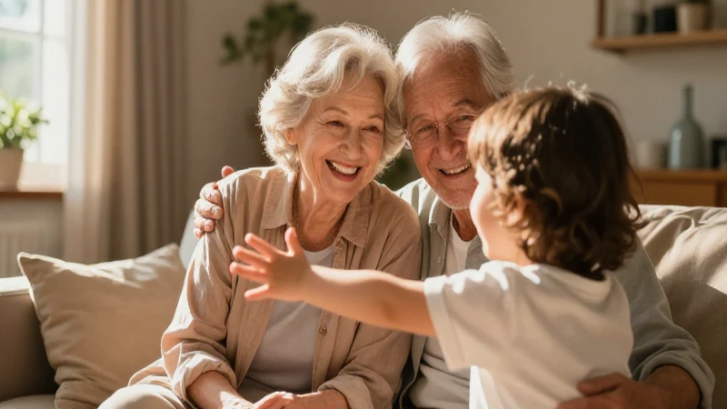 Abuelos, nieto y luz cálida en un abrazo