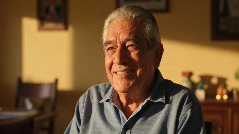 Hombre mexicano anciano sonríe en casa con luz dorada