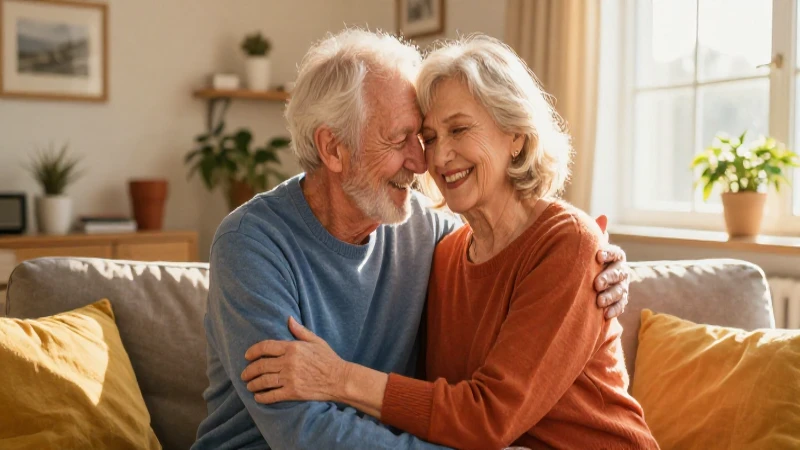 Pareja anciana abraza en sala luminosa