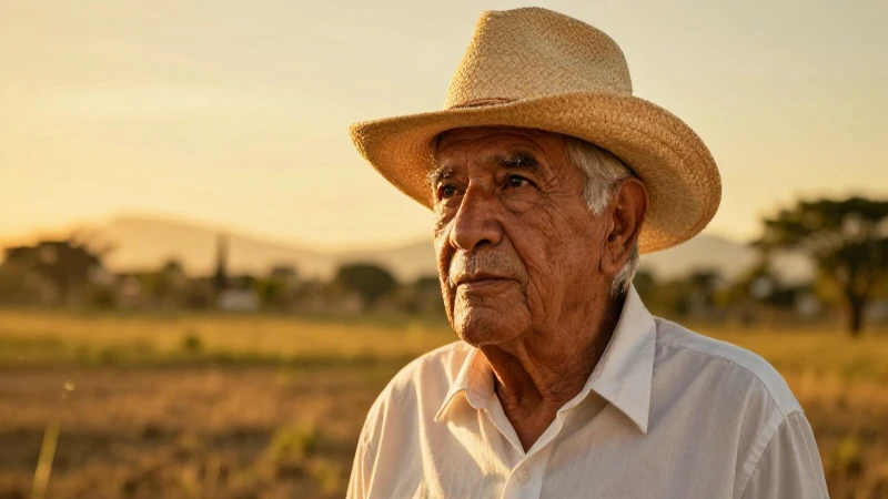 Abuelo mexicano sonriente en un paisaje dorado