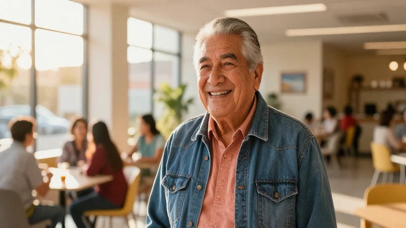 Hombre mayor mexicano sonriente bajo luz dorada