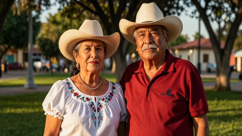 Pareja mexicana anciana en un parque dorado