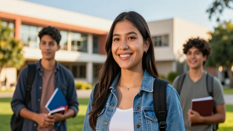 Estudiante mexicano sonríe en campus al atardecer