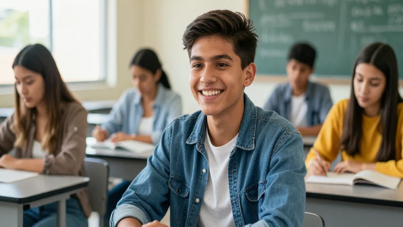 Estudiante mexicano sonríe en clase moderna de éxito